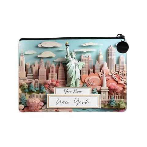 Bleu Reign Personalized Linen Coin Purse – Custom Name Cool New York City Skyline Statue Of Liberty Landmark Cityscape Gift Souvenir Cover