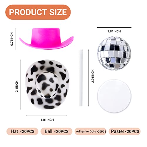 60Pcs Disco Cowgirl Pary Cake Decoration, 20Pcs Disco Ball Cup Toppers 10Pcs Mini Pink Cowgirl Hats 10Pcs Cow Print Cowboy Hats Westen Cowgirl Party Birthday Table Decor #TOP1