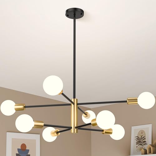 HUDYOGY Modern Sputnik Chandelier 8 Lights Height Adjustable Ceiling Light Fixture Mid-Century Modern Gold Chandelier for Dining Room Bedroom Kitchen Living Room with Sloped Ceiling Adapter
