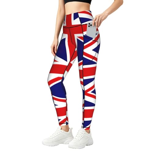 Leggings con estampado de bandera de Reino Unido y bolsillos para fitness de mujer