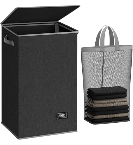 SOLEDI Laundry Hamper with Lid 90L Large & Tall Collapsible Laundry Basket, Clothes Hamper with Bag Removable Easy to Carry, Dirty Hampers for Bedroom, Bathroom, Dorm, College, Dark Grey