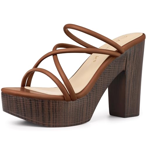 Allegra K Allegra K Women's Chunky Heel Strappy Platform Heels Dark Brown Slide Sandals 9.5 M US