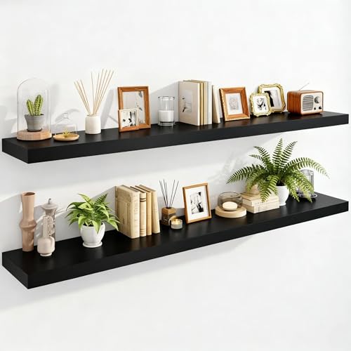 Image of IAE Floating Wall Shelves 55 inch,Bathroom Shelving Wall Mounted,Invisible Shelving Floating Kitchen Shelves,Wooden wall Shelf with Brackets for Living Room wall Mounted,Easy Install,Set of 2,Black