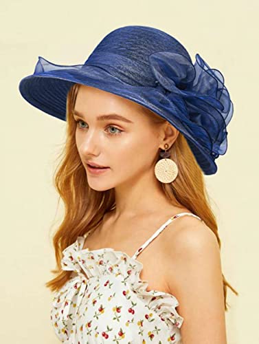 Wide Brim Kentucky Derby Sun Hat For Womens Foldable Uv-Protection Summer Beach Sun Hat Tea Party Fascinator Hats Navy #TOP7
