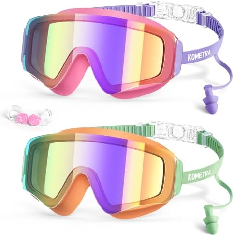 KOMETRA 2 Pack Kids Swim Goggles for 6-14 3-6 4-7 8-12 8-14 3-15, Anti Fog UV Protection Pool Water Swimming Goggles Wide View Kids Goggles for Boys Girls Youth Toddler Child Soft Silicone Leakproof