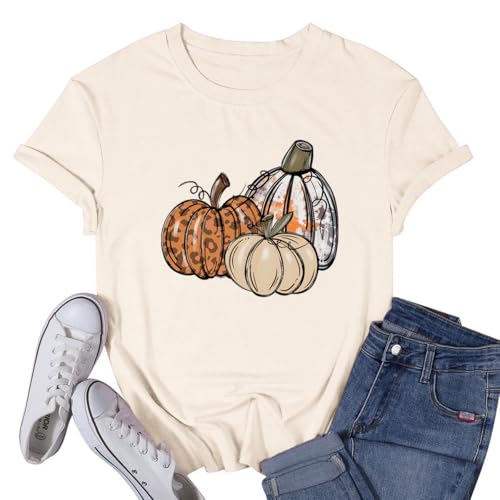 Womens Halloween Pumpkin Shirt Fall T-Shirts Thanksgiving Autumn Thankful Leopard Tee Tops