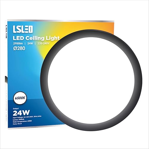 L5L3D LED Deckenleuchte, Φ28x3 CM 24W 2900LM 6500K IP44 Wasserfest Schwarz LED Panel Deckenlampe Küche für Wohnzimmer Badezimmer Schlafzimmer Kella Flur, Ultra Dünn