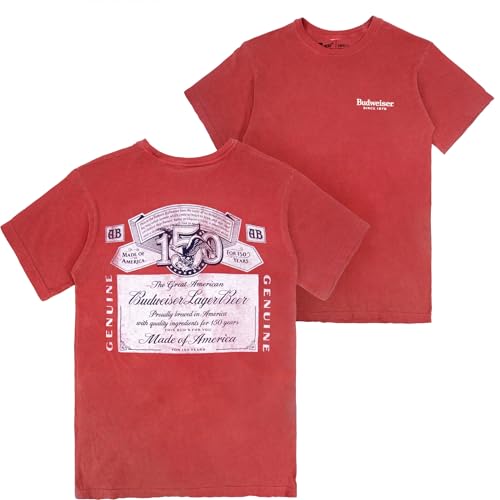 Budweiser 150 Years Label Red Premium Mineral Wash Front & Back Print T-Shirt (US Alpha X-Large Regular Regular)