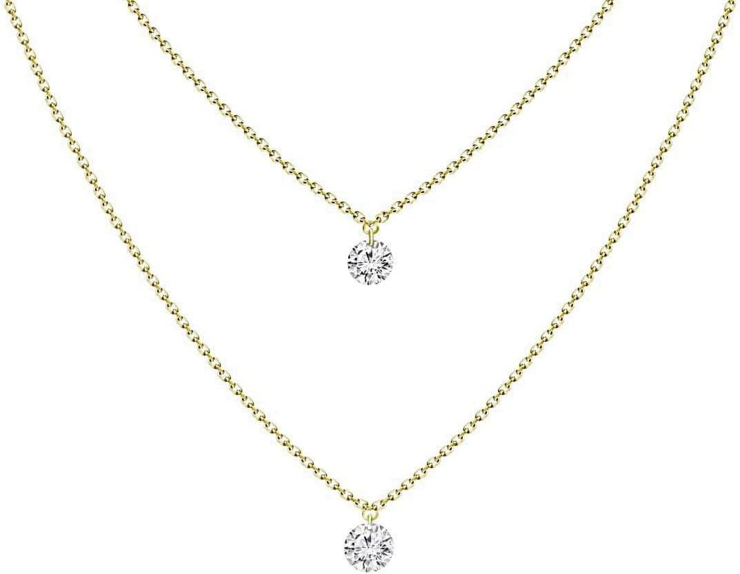 Womens 18K Yellow Gold & Diamond Double Strand Circle Necklace April Birthstone Month, Jewelry Gift For Her (IJ color and SI clarity)