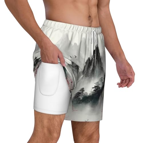 Men's Swim Trunks Quick Dry Board Shorts Ink Painting Style Mountain Beach Shorts with Pocket Bathing Suits for Men2