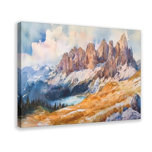 HKXAG Dolomites Watercolor Poster Landscape Wall Art Dolomites Wall Hanging Home Décor Gift Art Lovers Italy Canvas Poster Bedroom Decor Room Frame 20x30inch
