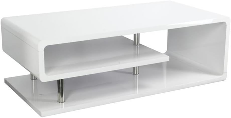 BOWERY HILL Coffee Table, 47.25" W x 23.5" D x 16" H, Lacquer White Finish, Chrome Poles, Geometric Design, Rounded Edges, Kid-Friendly, Stylish Living Room Furniture