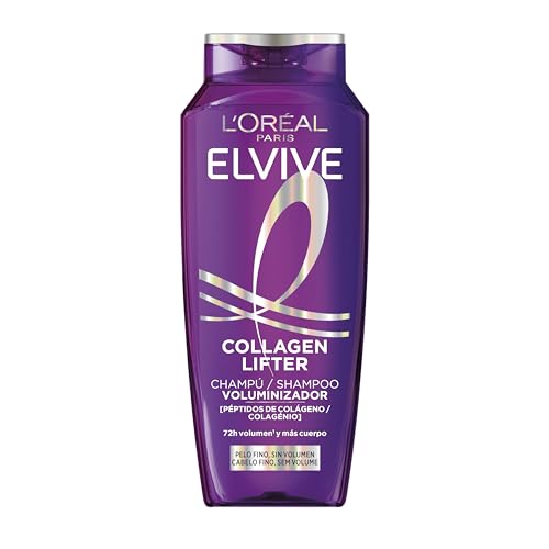 L'Oréal Paris Elvive, Champú Voluminizador, Aumento de volumen al instante, Sin Apelmazar, por 72H, Con Péptidos de Colágeno, Para Cabello Fino, Collagen Lifter, 700 ml