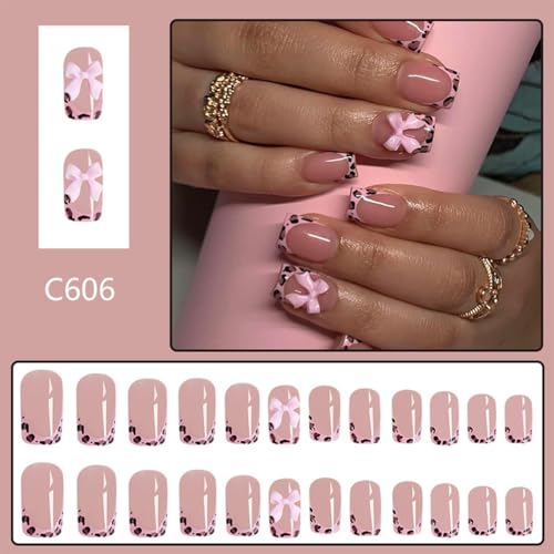 24Pcs Leopard French Tip Press on Nails Short Square Fake Nails Pink Glossy Bow Designs Full Cover Nude Glue on Nails Cute False Nails Stick on Nails for Women Girls Medium Manicure Decorations - Thumbnail 5