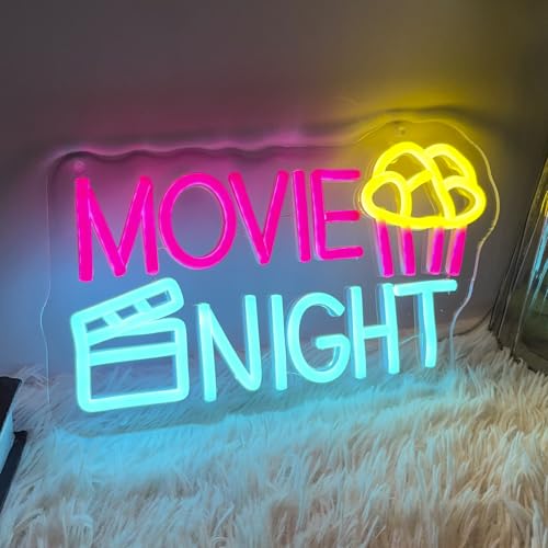 Image of Movie Night Neon Sign With Popcorn Dimmable LED Neon Lights for Wall Decor USB Powered Light Up Signs for Bedroom Living Room Cinema Film Room Man Cave Home Bar Wedding Birthday Party