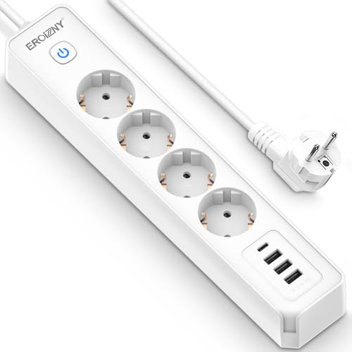 EROIZNY Steckdosenleiste 4 USB Mehrfachsteckdose Wandmontage, 4 Fach Steckerleiste mit Schalter USB C Mehrfachstecker Überspannungsschutz 3680W 16A Steckdose Verteilersteckdose1,8M Kabel Weiß