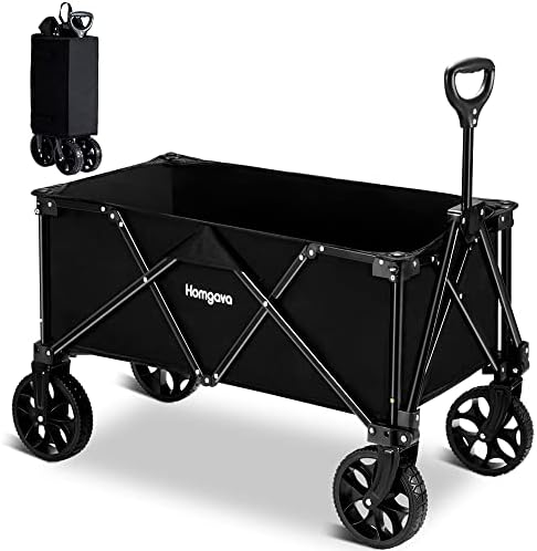 Homgava Collapsible Folding Wagon Cart, Portable Large Capacity Camping Wagon, All Terrain Foldable Wagon, Heavy Duty Utility Wagon Cart for Grocery Outdoor Beach Gardening Shopping Fishing Black