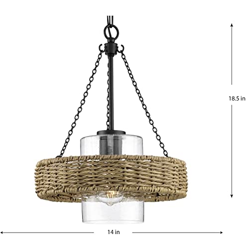 Progress Lighting P550126-31M Pembroke Collection 1-Light Outdoor Pendant Matte Black With Mocha Rattan Accents #TOP6