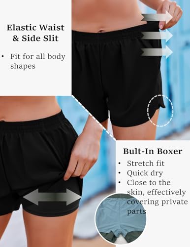 Ekouaer Damen Badeshorts Badehose Boxer Liner Hoch Taille Schwimmhose Boardshorts mit Taschen Sportshorts Schwarz L