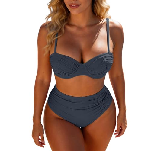 Vuncio Badeanzug Zweiteiler Damen Bikini Push Up Sexy mit Hohem Bund Bademode Beachwear Frauen Sportlich Schwimmen Große Größen Bequem Schnelltrocknend (Dark Gray, XXL)