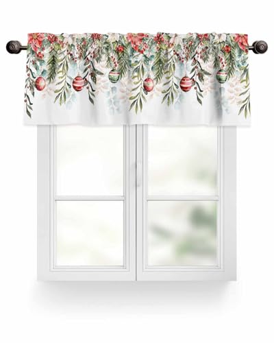 Christmas Eucalyptus Leaves Curtain Valances for Windows,Light Filtering Thermal Insulated Windows Curtains Decoration Xmas Poinsettia Valance Curtains for Kitchen Bedroom Living Kid Room Decor 54x18