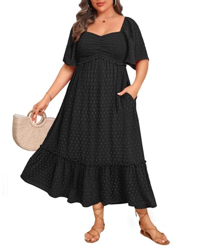 Pinup Fashion Plus Summer Black Maxi Casual Swiss Dot A-line Long Dress