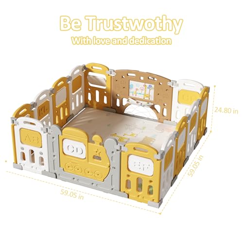 Image of Dawnwake Assembly-Free 14 Panel Playard, Baby Playpen Fence with Crawling Mat and Football for Baby Upto 8 Years with Safety Locking Door & Drawing Board (150x150cm, Foldable) -Yellow