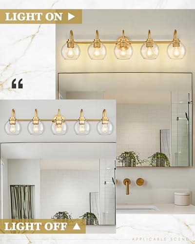 Image of Bathroom Light Fixtures, 5-Light Brushed Gold Vanity Lights with Globe Clear Glass, 35 Inch Champagne Bronze Vanity Lighting Fixtures Over Mirror, AD-22280-5W-GD