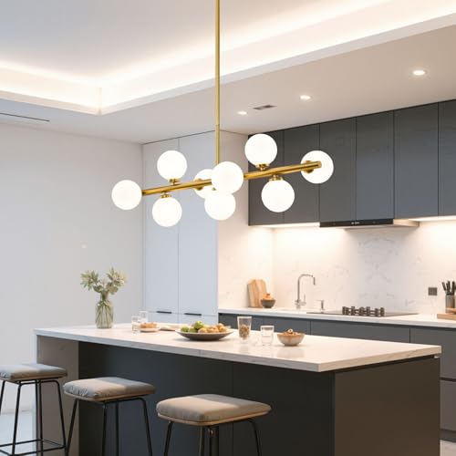Mid Century Modern Sputnik Chandeliers: 9-Light Linear Brass Gold Dining Room Light Fixture - 40" Long Milk White Glass Globe Modern Pendant Chandelier Lighting for Living Room Kitchen Island Table by ALIYIQI - Used condition - Image 8