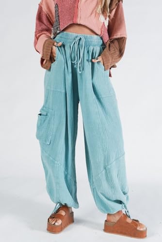 Urchics Womens Casual Pants Mist Blue Drawstring Waist & Ankle Pocketed Loose Fit Harem Pants4