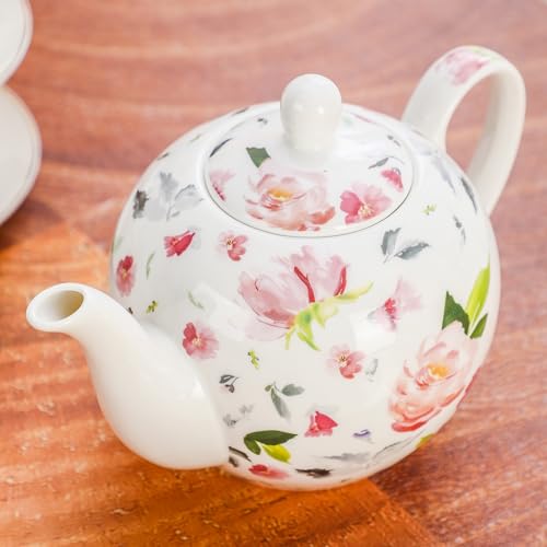 PRECITIME 30oz Porcelain Teapot, Floral Design Ceramic Tea Pot for Loose Leaf & Bagged Tea, Classic 3-4 Cups Teapot for Daily Use & Special Occasions, Dishwasher Safe