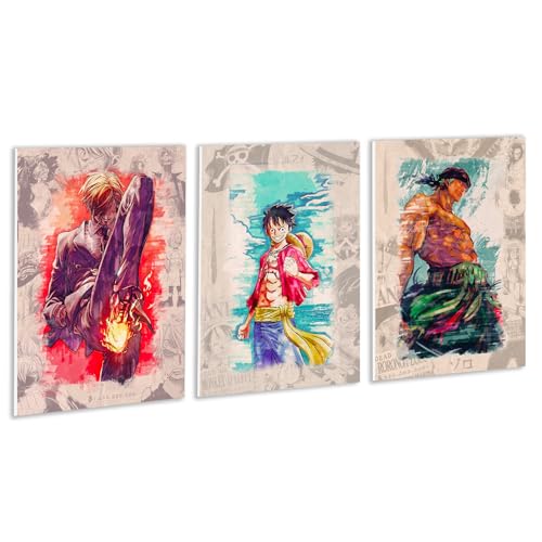 FFrame Tableaux Manga Pirates- 3 Tableaux PVC 3mm rigide prêt à accrocher - Décoration murale manga pour salon, chambre, bureau, maison - 30x40cm