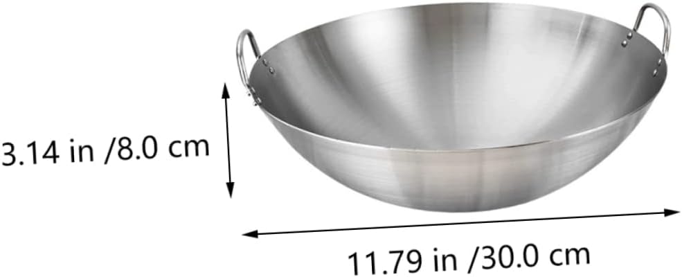 2 Pcs Stainless Steel Wok Outdoor Griddle Round Bottom Wok Flat Frying Pan Stainless Steel Wok with Lid Stovetop Griddle Paella Cooking Pan Practical Cooking Wok Camping Wok Wok/1164 (Color : Silverx