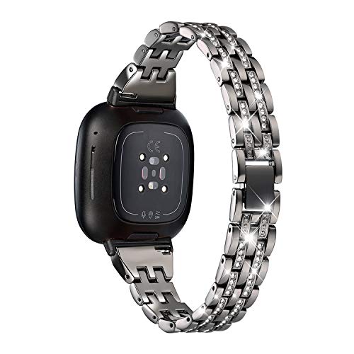 Mtozon Bling Bands Compatible with Fitbit Versa 3/Sense, Women Dressy Slim Bracelet Metal Replacement Wristbands, Black