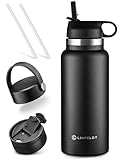LINFELDT® 3 Deckel Trinkflasche Edelstahl 1L Isoliert & CO2 + 2X Strohhalm - BPA Frei - Auslaufsichere Isolierflasche 1 Liter - 24H KALT 12H HEIß - Outdoor Sport Fitness Caming Wandern Büro Schwarz