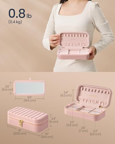 Image of SONGMICS HOME Travel Jewelry Case with Mirror, Stitching, Portable | Jewelry box organizer, 4.1 x 8 x 2.4 Inches, Gift Idea, Jelly Pink, UJBC180S01