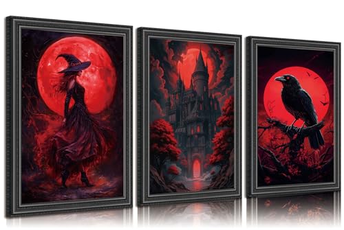 3pcs Halloween Canvas Wall Art Dark Academia Scary Witch Black