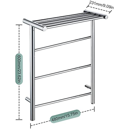 Radiador toallero eléctrico de Pared para baño, con Estante Superior, de Acero Inoxidable Pulido con Interruptor Impermeable, 600 x 480 x 231 mm, P (Hardwired)