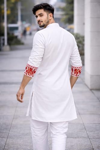Image of Men's Cotton Jamdani Kurta for Festive, Casual Wear | Traditional Bengali Style Long Kurta | S to XL Size | White, Yellow, Blue Color Options