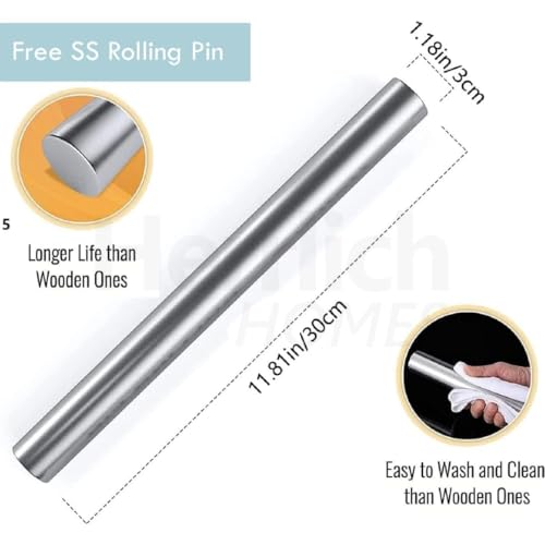 Image of Herrlich Homes Premium 304 Stainless Steel Chopping Board with Lip for Kitchen | 42 x 32 cm | Free Rollin Pin | for Cutting Vegetables, Fruits, Meat | Doughknead Board | Durable | Medium