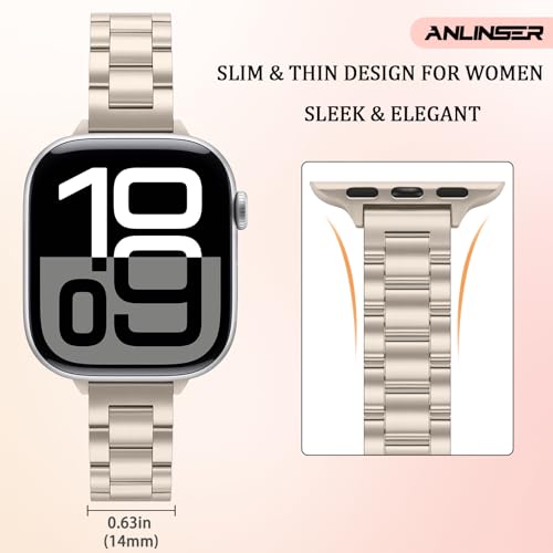 Image of Anlinser Bands Compatible with Apple Watch Band 42mm 41mm 40mm 38mm, Women Slim Stainless Steel Metal Strap for iWatch Series 10 9 8 7 6 5 4 3 2 1 SE (Starlight)