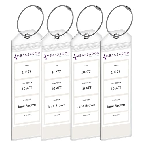 Ambassador Cruise - Portaetiquetas de equipaje [4 unidades] - Plástico resistente al agua y duradero con bucles de acero - Se adapta a todos los barcos Ambassador para cruceros en 2024, 2025 y 2026