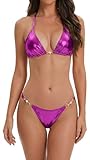 FEOYA Women Shiny Purple Bikini Set Sexy Metallic Low Rise Thongs Bottoms Triangle String Halter Tops Bathing Suit