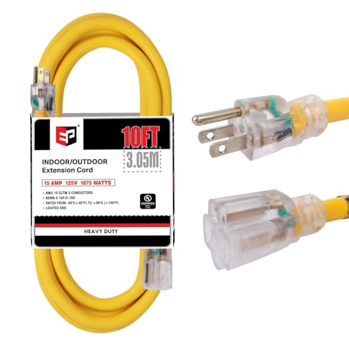 EP 10 Ft Lighted Outdoor Extension Cord - 10/3 SJTW Heavy Duty Yellow Extension Cable with 3 Prong Grounded Plug for Safety, ETL Listed