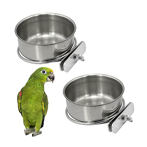 Hamiledyi Parrot Feeding Cup,Bird Food Dish Stainless Steel Bird Cage Feeding Bowls with clamp Holder-for Parrot Macaw African Gray Parakeet Canary Cockatie Conureï¼2 Pcsï¼