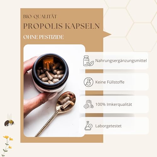 bedrop Bio Propolis Kapseln 800mg pro Kapsel hochdosiert - 60 Propolis Extrakt Kapseln aus Bio Imkerei - Reich an Polyphenolen & Flavonoiden - In nachhaltiger Glas Verpackung