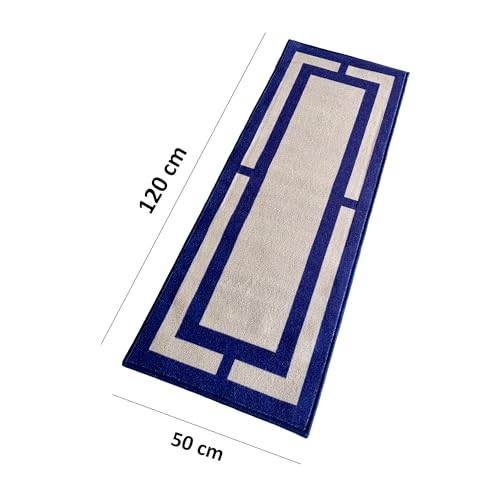 Image of Matz&More Geometric Border Runner Mat | 50x120 CM | Beige Navy | Nylon Tufted Gel Baking Anti-Slip | Doormat for Home Entrance, Kitchen & Bedroom
