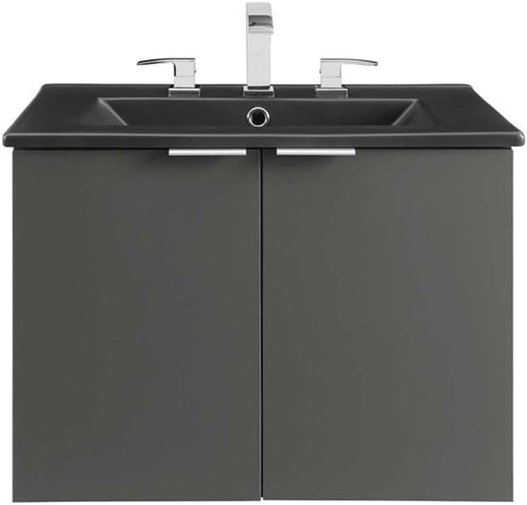 Pemberly Row Modern Wood Wall-Mount Bathroom Vanity, 24 in, Gray/Black Finish, Ceramic Sink, Melamine Construction, Dual Soft-Close Doors, Space-Saving Design for Contemporary Bathroom Decor