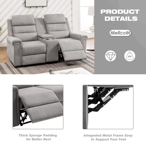 Mellcom Linen Reclining Console Loveseat, Manual Reclining Home Theater Seating, Upholstered Sofa Recliner Chair With Storage Console Cup Holder, Arm Chair For Living Room Bedroom, Gray #TOP3