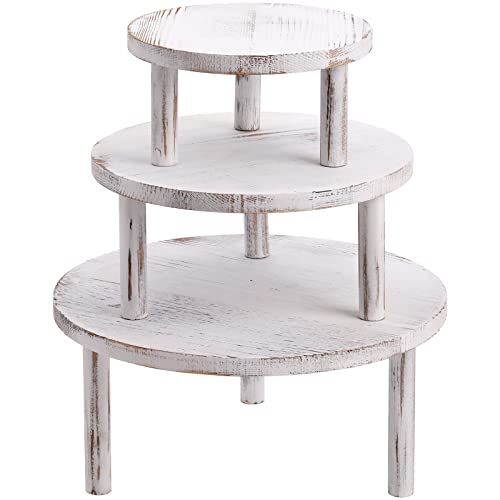 Elsjoy Set Of 3 Wooden Cake Stand Round Dessert Display Riser, Stackable Cupcake Stand With Legs, Whitewashed Shabby Retail Bakery Serving Stand For Table Centerpieces, Wedding, Birthday, Party Decor #TOP2